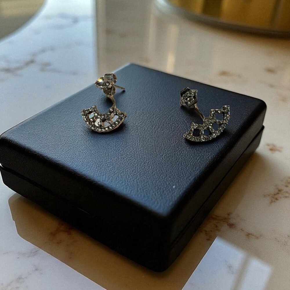 Vintage Silver Cubic Zirconia Fan Shape Drop Earrings Elegant Party Wedding - Picture 2 of 10